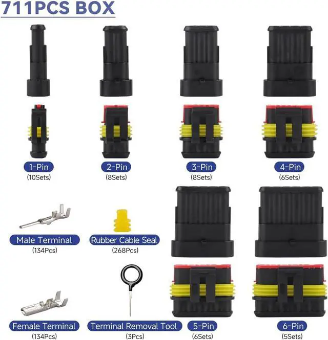 Alt view image 2 of 6 - 43 Sets 711Pcs Waterproof Wire Connectors with Tool - Automotive Male/Female 1/2/3/4/5/6 Pin - for Cars, Motorcycles & Boats - 22-16AWG Crimping.