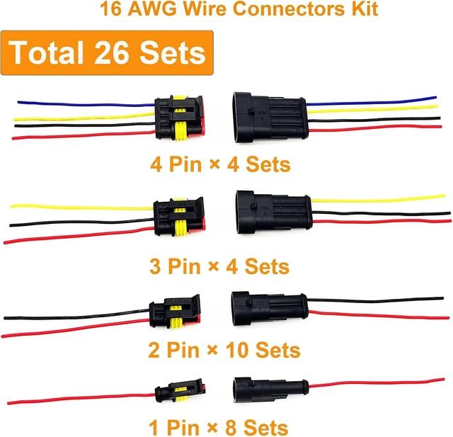 Alt view image 2 of 6 - 16AWG 1/2/3/4 Pin Automotive Waterproof Wire Connector Kit