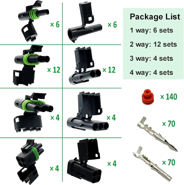 Alt view image 2 of 7 - 26 Kits Weather Pack Connectors, Waterproof Automotive Electrical Wire Connector Terminal Kit, 1/2/3/4 Pin 18-14 AWG