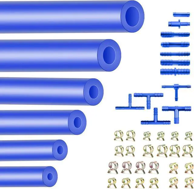 Main image of Silicone Vacuum Hose Kit, Vibrant Blue Tubings 6PCS 10FT + Matching Connectors 12 Sizes 128PCS + Spring Clamp 6 Sizes 24PCS, 1/8" 5/32" 3/16" 1/4" 5/16" 3/8", 130PSI Automotive Lines Kit