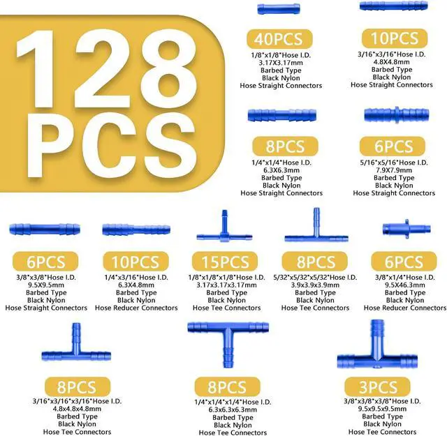 Alt view image 3 of 7 - Silicone Vacuum Hose Kit, Vibrant Blue Tubings 6PCS 10FT + Matching Connectors 12 Sizes 128PCS + Spring Clamp 6 Sizes 24PCS, 1/8" 5/32" 3/16" 1/4" 5/16" 3/8", 130PSI Automotive Lines Kit