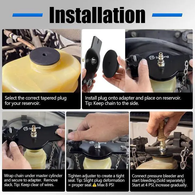 Alt view image 7 of 7 - Brake Bleeder Adapter Universal Reservoir Cap, Master Cylinder Adapter, Fits Most Round Fluid Reservoirs, Pressure Bleeding Kit, Bleed Tool, Leak Free Design
