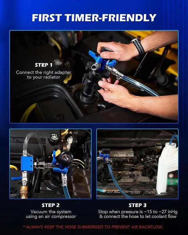 Alt view image 7 of 7 - Coolant Vacuum Refill Kit, Cooling System Vacuum Fill Tool with Leak Detector 5 Round Adapters 1 Conical Adapter, Radiator Coolant Fill Kit with Dual-Movement Gauge for Vacuum Leak