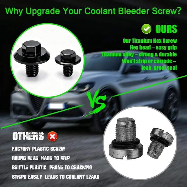 Alt view image 3 of 7 - Upgrade Titanium Coolant Bleeder Screw Kit with O-Ring for Alfa Romeo Giulia Stelvio 2.0T, Hex Head Design for Easier Installation, Black