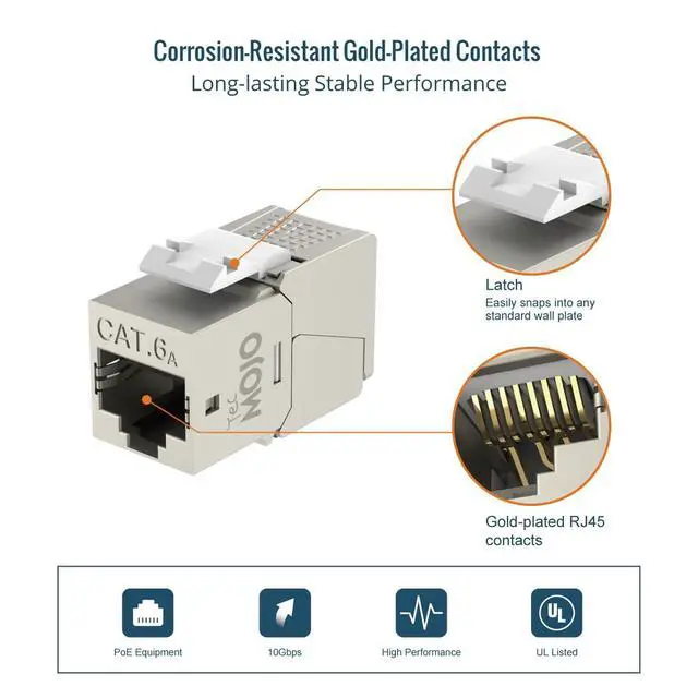 Alt view image 6 of 7 - UL Listed 10Gbps Cat6A Shielded Keystone Jack Insert 25 -Pack, 180 Degree Punch Down RJ45 Keystone Jack Adapter Slim Profile for Patch Panel & Wall Plate, Sliver