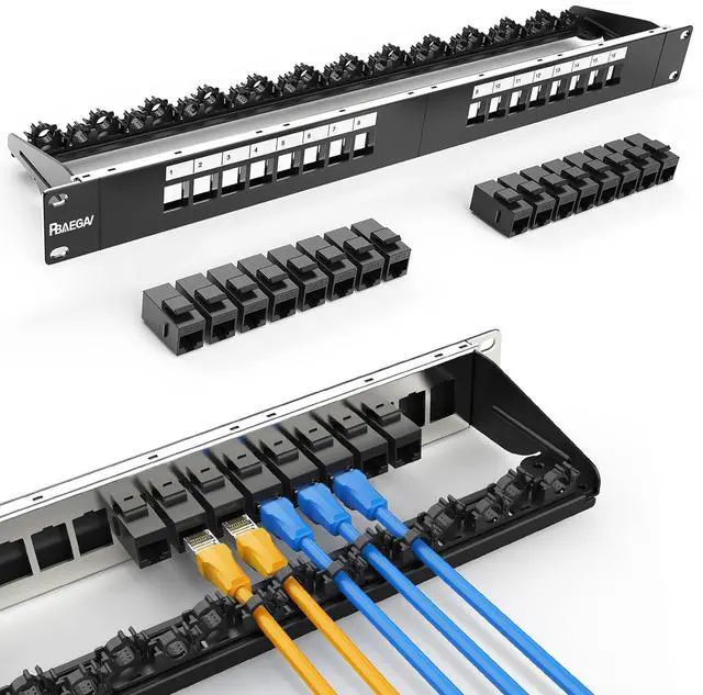 Main image of Patch Panel 16 Port with 16pcs Cat6 Keystone Jack UTP Fold Keystone Patch Panel 19Inch with Cable Management and Support Bar