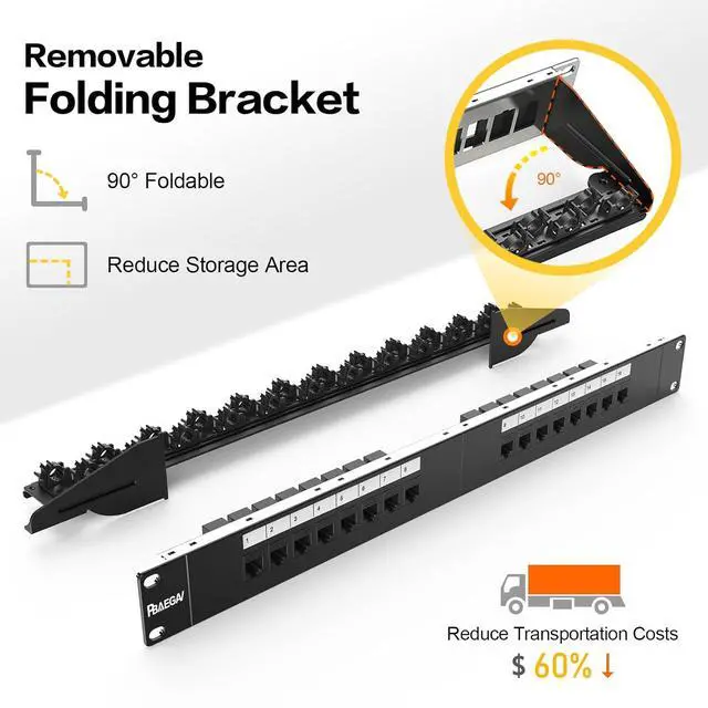 Alt view image 2 of 7 - Patch Panel 16 Port with 16pcs Cat6 Keystone Jack UTP Fold Keystone Patch Panel 19Inch with Cable Management and Support Bar