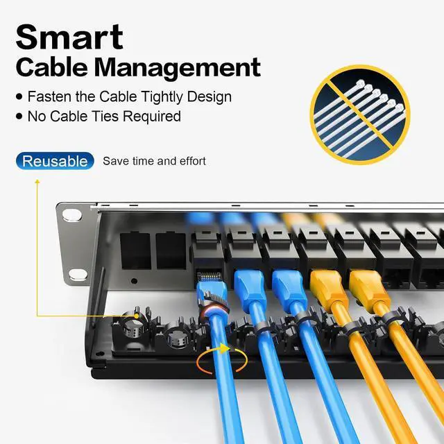 Alt view image 3 of 7 - Patch Panel 16 Port with 16pcs Cat6 Keystone Jack UTP Fold Keystone Patch Panel 19Inch with Cable Management and Support Bar