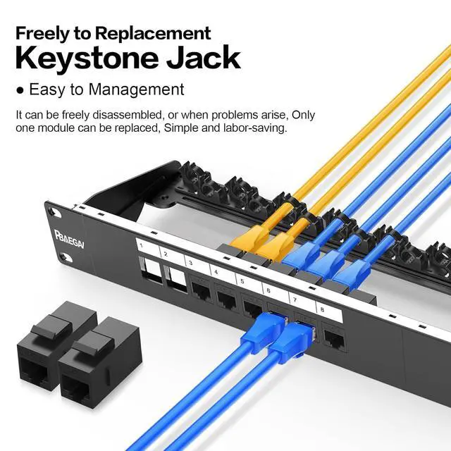 Alt view image 6 of 7 - Patch Panel 16 Port with 16pcs Cat6 Keystone Jack UTP Fold Keystone Patch Panel 19Inch with Cable Management and Support Bar