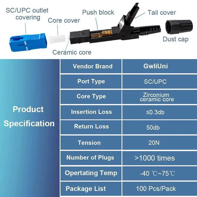Alt view image 5 of 7 - 100 Pcs SC Fiber Optical Fast Cold Connector, Single Mode Quick Assembly Adapter Plug for FTTH,CATV etc., (SC-UPC)