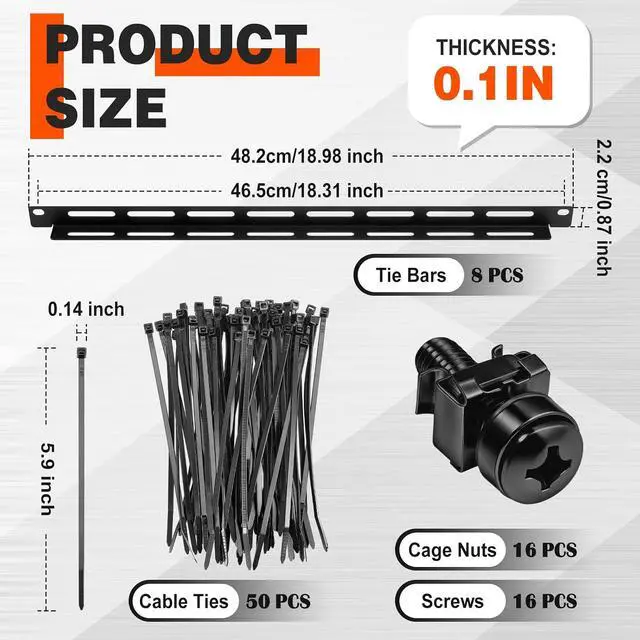 Alt view image 2 of 6 - 8 Sets 1u 19 Inch Server Rack Cable Management Tie Bar Kit Includes 8 Pack 1u Tie Bars, 50 Zip Ties, 16 Cage Nuts & 16 Screws Work with Open Frame Enclosure Network Cabinet Mount Wire Management
