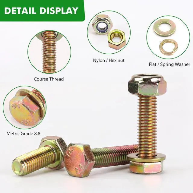 Alt view image 6 of 7 - 663pcs Metric M6 M8 M10 Nylon Locknut and Hex nut Mix, Hex Bolt Washer Assortment Kit by Color Galvanization,Alloy Steel,Grade 8.8 Heavy Duty.Length 12-50mm,16 Common Size.