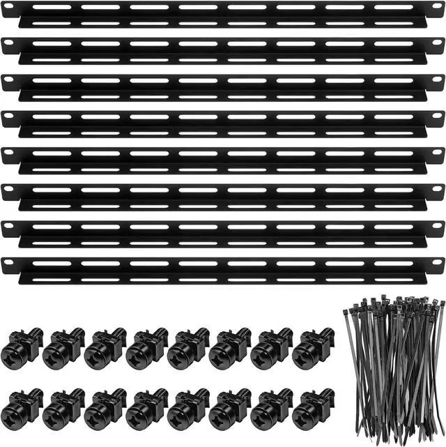 Main image of 8 Sets 1u 19 Inch Server Rack Cable Management Tie Bar Kit Includes 8 Pack 1u Tie Bars, 50 Zip Ties, 16 Cage Nuts & 16 Screws Work with Open Frame Enclosure Network Cabinet Mount Wire Management
