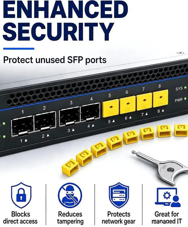 Alt view image 2 of 6 - 100-Pack SFP Port Lock with 5 Keys,SFP Security Lock & Fiber Port Dust Plug,Prevent Unauthorized Network Access,SFP Dust Cover for Data Centers,Servers,Switches,Routers (Yellow)