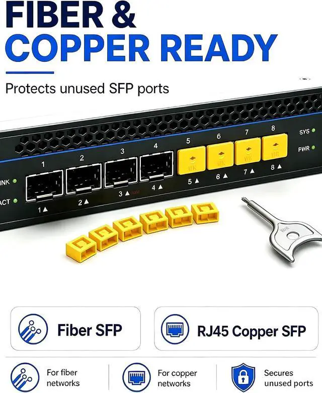 Alt view image 4 of 6 - 100-Pack SFP Port Lock with 5 Keys,SFP Security Lock & Fiber Port Dust Plug,Prevent Unauthorized Network Access,SFP Dust Cover for Data Centers,Servers,Switches,Routers (Yellow)
