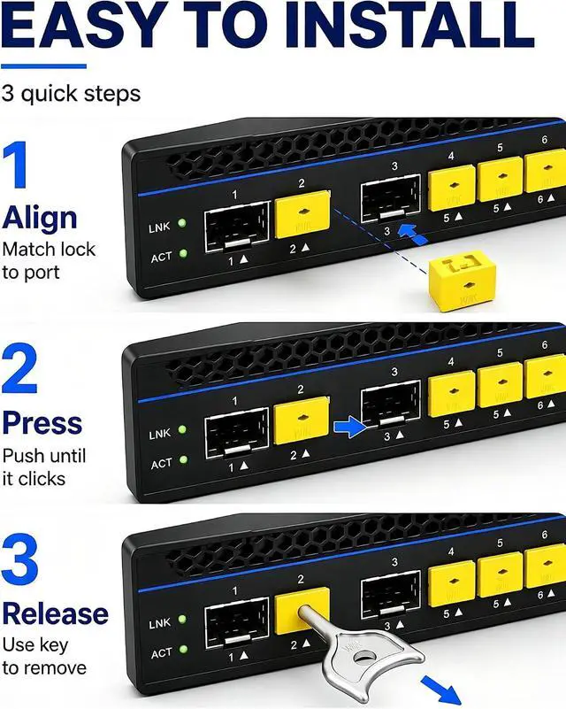 Alt view image 5 of 6 - 100-Pack SFP Port Lock with 5 Keys,SFP Security Lock & Fiber Port Dust Plug,Prevent Unauthorized Network Access,SFP Dust Cover for Data Centers,Servers,Switches,Routers (Yellow)