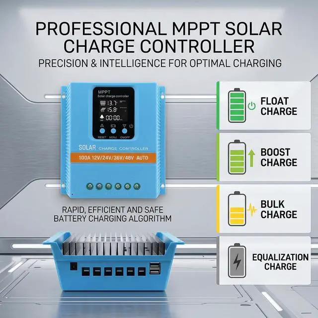 Alt view image 3 of 7 - Solar Charge Controller 100A 12V 24V 36V 48V ligent Recognition LCD Display Battery ligent Regulator Maximum 100V Input Dual USB for Lead Acid/Lithium Battery (SA100A)