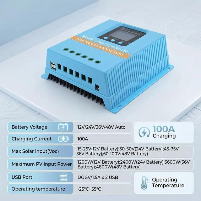 Alt view image 5 of 7 - Solar Charge Controller 100A 12V 24V 36V 48V ligent Recognition LCD Display Battery ligent Regulator Maximum 100V Input Dual USB for Lead Acid/Lithium Battery (SA100A)