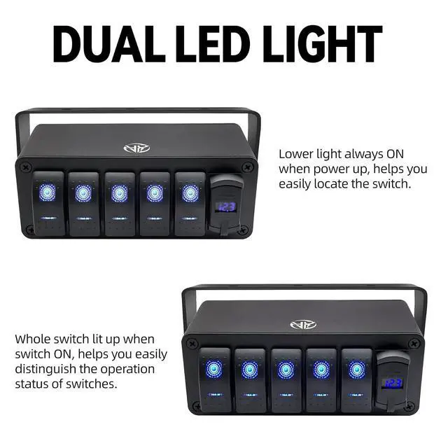Alt view image 4 of 7 - 5 Gang Rocker Switch Box Aluminum 12v Switch Panel SPST ON Off Switch PD Type C and QC 3.0 USB Charger Voltmeter Waterproof Toggle Switch Panel DIY Stickers for Boats Cars RVs Trucks