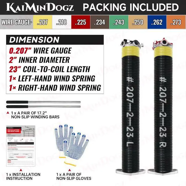 Alt view image 2 of 6 - Pair of 2" Garage Door Torsion Springs Set with Non-Slip Winding Bars & Gloves, Precision Electrophoresis Black Coated Without Oil, for Replacement & Installation, MIN 16,000 Cycles(0.207x2''x23'')