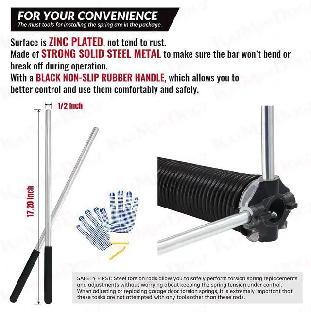 Alt view image 5 of 6 - Pair of 2" Garage Door Torsion Springs Set with Non-Slip Winding Bars & Gloves, Precision Electrophoresis Black Coated Without Oil, for Replacement & Installation, MIN 16,000 Cycles(0.207x2''x23'')