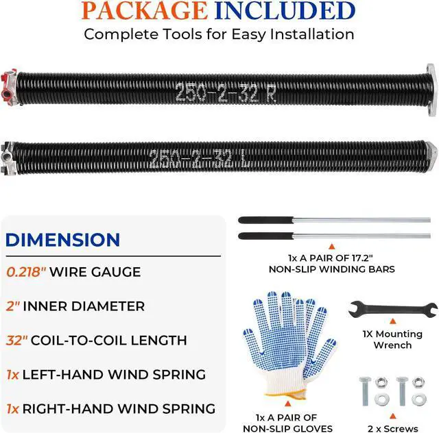Alt view image 2 of 5 - Garage Door Torsion Springs Pair, 0.250" x 2" x 32", Black