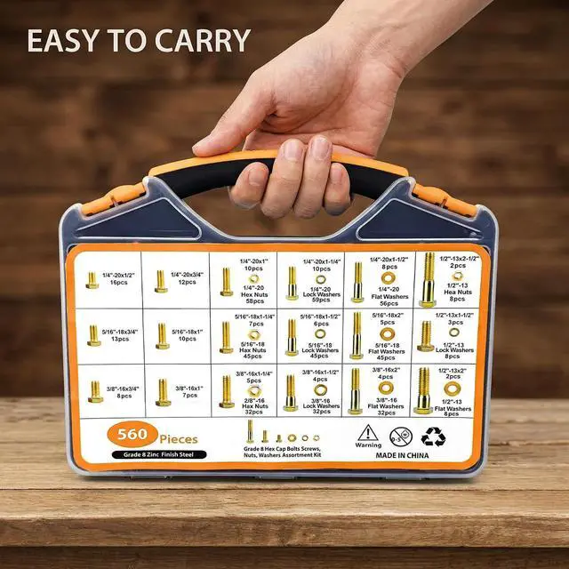 Alt view image 5 of 7 - 560PCS Grade 8 Nuts and Bolts Assortment Kit with Handy Box, 1/4-20, 5/16-18, 3/8-16, 1/2-13 High Quality SAE Bolt Assortment Kit, Heady Duty Grade 8 Alloy Steel with Yellow Zinc Plated