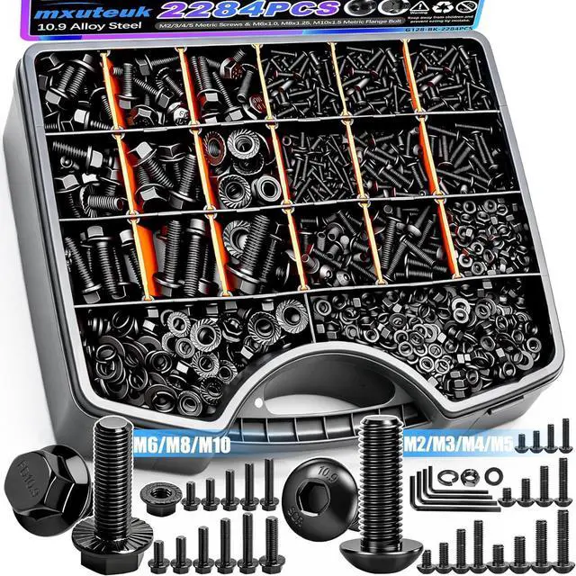 Main image of 2284PCS Metric Screws & Flange Bolt Assortment,Nuts and Bolts Assortment Kit M2/M3/M4/M5/M6/M8/M10 Machine Screws Kits,Grade 10.9 Alloy Steel Hex Socket Button Metric Screw
