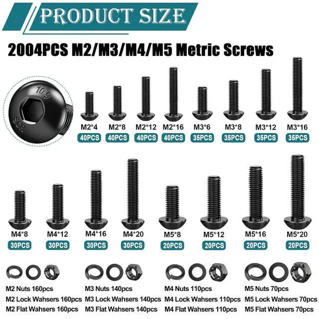 Alt view image 3 of 7 - 2284PCS Metric Screws & Flange Bolt Assortment,Nuts and Bolts Assortment Kit M2/M3/M4/M5/M6/M8/M10 Machine Screws Kits,Grade 10.9 Alloy Steel Hex Socket Button Metric Screw