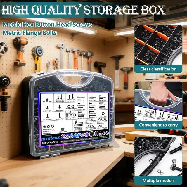 Alt view image 5 of 7 - 2284PCS Metric Screws & Flange Bolt Assortment,Nuts and Bolts Assortment Kit M2/M3/M4/M5/M6/M8/M10 Machine Screws Kits,Grade 10.9 Alloy Steel Hex Socket Button Metric Screw