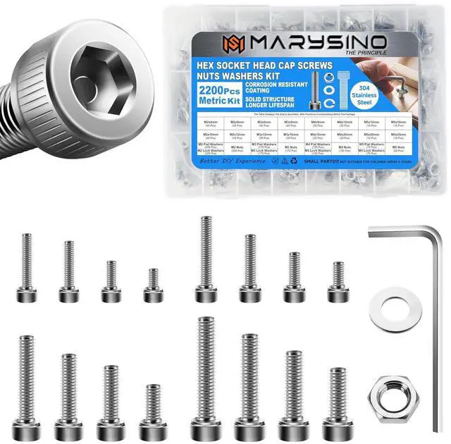 Main image of 2200Pcs M2 M3 M4 M5 Machine Screw Assortment Kit, 304 Stainless Steel Screws, Hex Socket Head Cap Metric Bolt Assortment with Washers and Nuts for 3D Printer