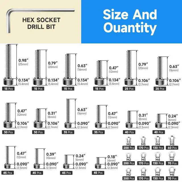 Alt view image 2 of 7 - 2200Pcs M2 M3 M4 M5 Machine Screw Assortment Kit, 304 Stainless Steel Screws, Hex Socket Head Cap Metric Bolt Assortment with Washers and Nuts for 3D Printer