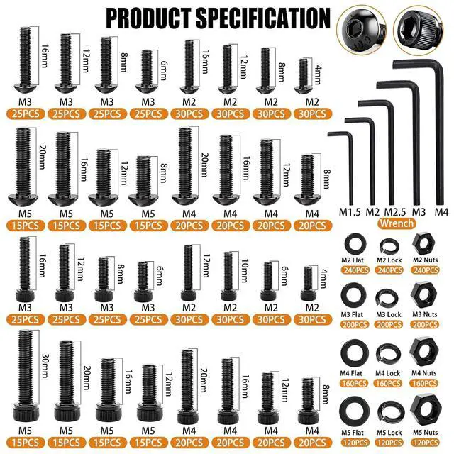 Alt view image 3 of 6 - 3160PCS Metric Bolts and Nuts Assortment Kit-Flange Bolt,Hex Socket Button Screws,Cap Head Screws 42 Sizes M2 M3 M4 M5 M6x1.0 M8x1.25 M10x1.5(4-45mm) with Lock & Flat Washers