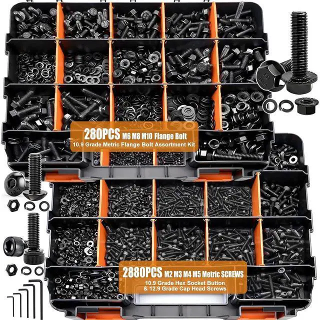 Main image of 3160PCS Metric Bolts and Nuts Assortment Kit-Flange Bolt,Hex Socket Button Screws,Cap Head Screws 42 Sizes M2 M3 M4 M5 M6x1.0 M8x1.25 M10x1.5(4-45mm) with Lock & Flat Washers