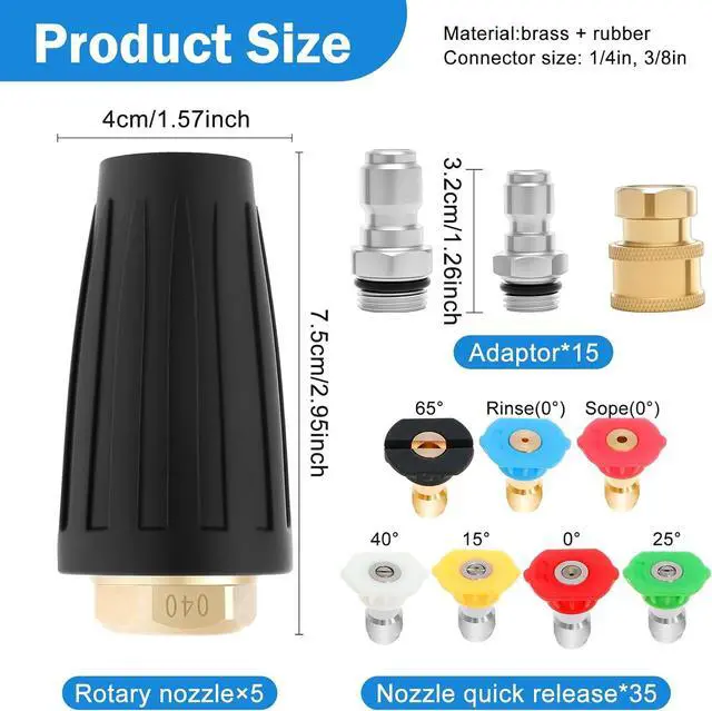 Alt view image 2 of 7 - 5 set Pressure Washer Nozzle Tips 4000 PSI 4.0 GPM Pressure Washer 1/4" & 3/8" Quick Connect with 35 Nozzle Tips Kit Multiple Degrees (0, 15, 25, 40, 65, Rinse1, Soap2) for Car Concrete Brick