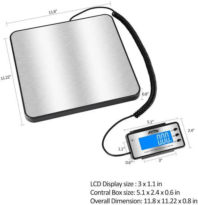 Alt view image 4 of 7 - Digital Shipping Postal Scale, 460 lb x1oz High Accuracy with Stainless Steel Platform, LCD Backlight, Four Reading Modes, Tare/Hold Function, Battery AC Adapter Incuded