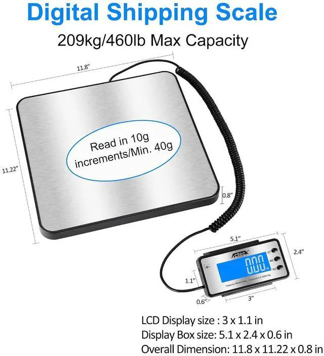 Alt view image 5 of 7 - Digital Shipping Postal Scale, 460 lb x1oz High Accuracy with Stainless Steel Platform, LCD Backlight, Four Reading Modes, Tare/Hold Function, Battery AC Adapter Incuded