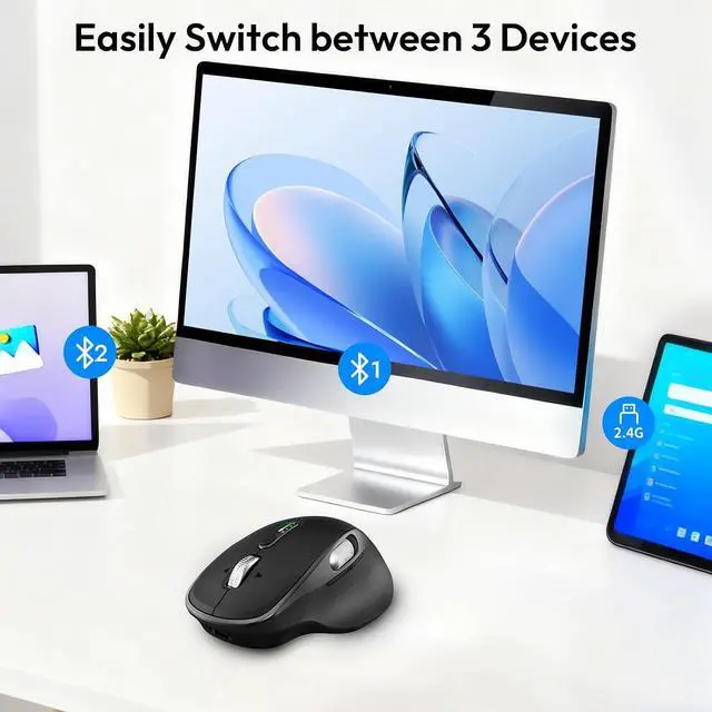 Alt view image 3 of 7 - Wireless Bluetooth Rechargeable Mouse with 8 Programmable Buttons-Black