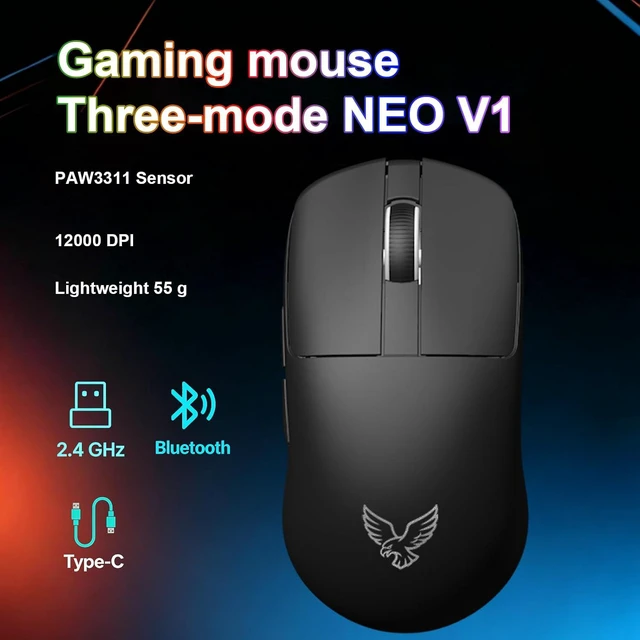 Alt view image 2 of 7 - NEO V1 Tri-Mode Gaming Mouse, BT/2.4G, 55g, 12000DPI, RGB, Black