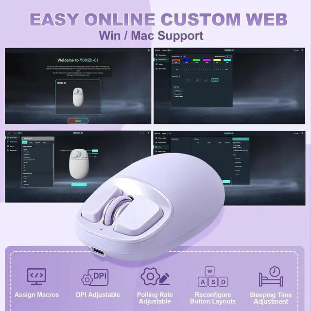 Alt view image 7 of 7 - C1 Wireless Tri-Mode Wireless Mouse 4800 DPI Optical (Purple)