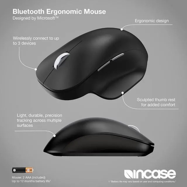 Alt view image 2 of 7 - Bluetooth Ergonomic Mouse Designed by Microsoft Two Thumb Buttons, Easy to Grip Thumb Rest, Precision Tracking, Connects 3 Devices, 15 Month Battery Life, Mac/Windows PCs/Laptops (Black)