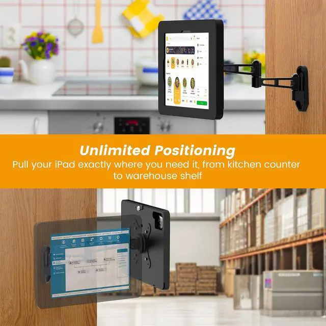 Alt view image 2 of 7 - Tablet Wall Mount with Lock, All Metal Heavy-Duty, 3-Joint Articulating Arm with 360 Rotation, Secure for Kitchen/Business/Retail, Compatible with iPad 10.9"/11"-BSW601BA
