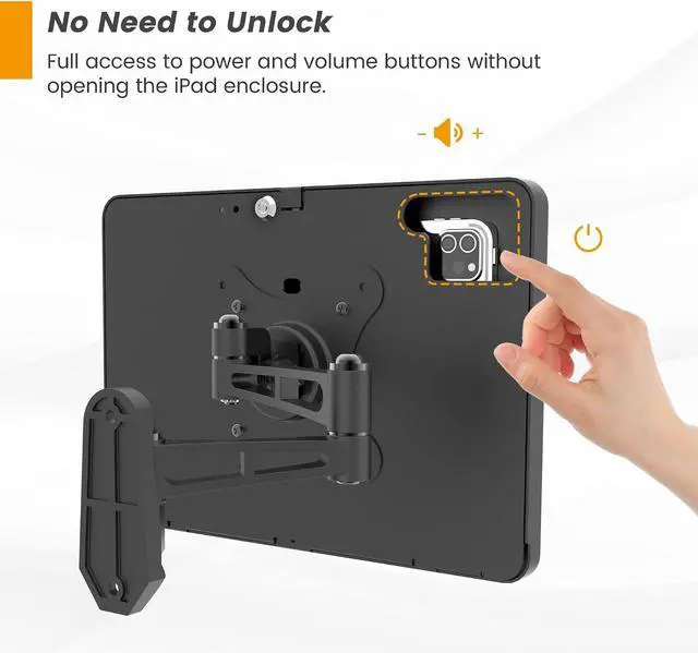 Alt view image 3 of 7 - Tablet Wall Mount with Lock, All Metal Heavy-Duty, 3-Joint Articulating Arm with 360 Rotation, Secure for Kitchen/Business/Retail, Compatible with iPad 10.9"/11"-BSW601BA