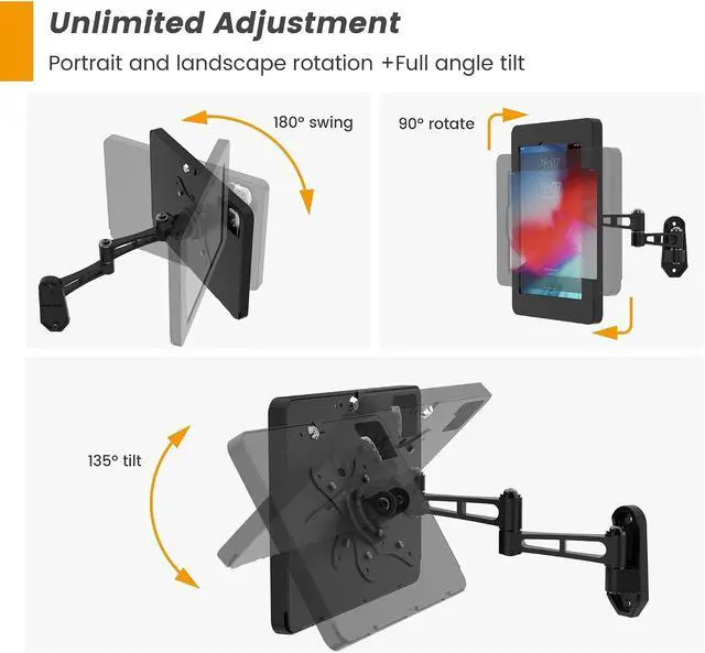 Alt view image 5 of 7 - Tablet Wall Mount with Lock, All Metal Heavy-Duty, 3-Joint Articulating Arm with 360 Rotation, Secure for Kitchen/Business/Retail, Compatible with iPad 10.9"/11"-BSW601BA