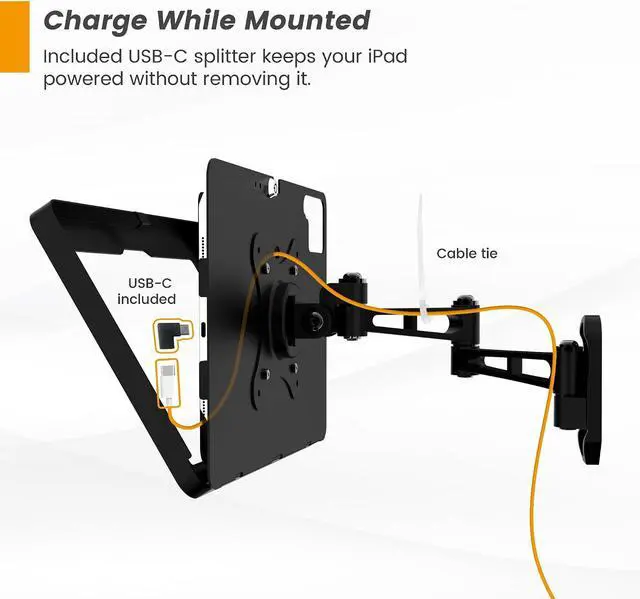 Alt view image 6 of 7 - Tablet Wall Mount with Lock, All Metal Heavy-Duty, 3-Joint Articulating Arm with 360 Rotation, Secure for Kitchen/Business/Retail, Compatible with iPad 10.9"/11"-BSW601BA