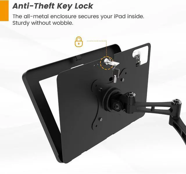 Alt view image 4 of 7 - Tablet Wall Mount with Lock, All Metal Heavy-Duty, 3-Joint Articulating Arm with 360 Rotation, Secure for Kitchen/Business/Retail, Compatible with iPad 10.9"/11"-BSW601BA