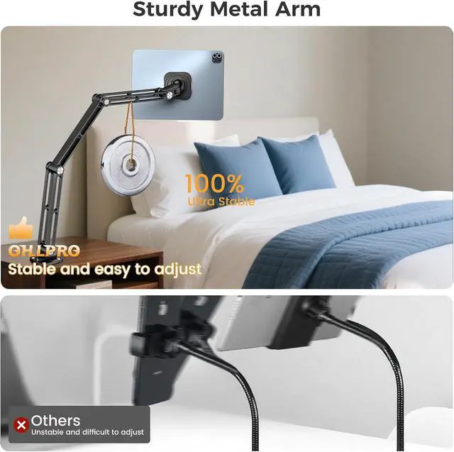 Alt view image 4 of 7 - Aluminum Tablet Wall Mount Holder - 360° Adjustable & Extendable Arm for iPad Pro/Air/Mini, Galaxy Tab 5-13"