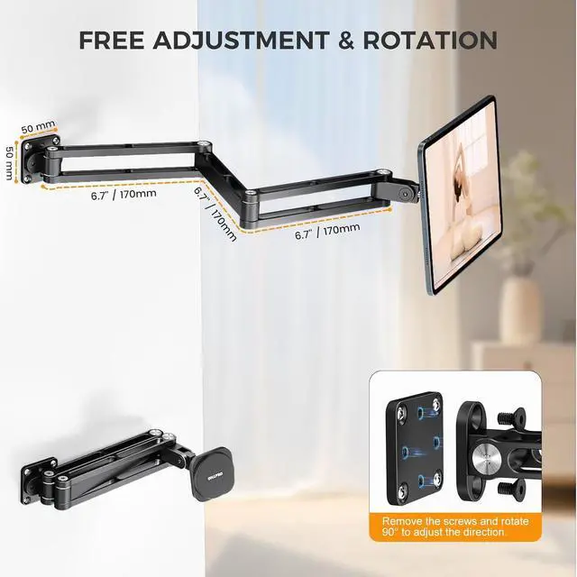 Alt view image 7 of 7 - Aluminum Tablet Wall Mount Holder - 360° Adjustable & Extendable Arm for iPad Pro/Air/Mini, Galaxy Tab 5-13"