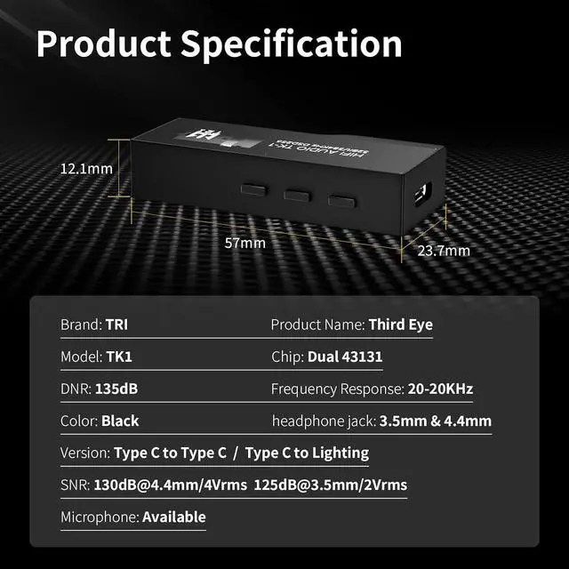 Alt view image 2 of 7 - TRI TK1 USB C DAC Headphone Amp Mini Amplifier, USB C to 3.5mm 4.4mm Amp with Dual CS43131 Decoder, Headphone Splitter Portable IEM DAC for KZ ZS10 PRO in Ear Monitor (Type-C Jack