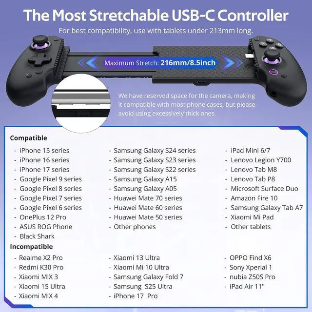 Alt view image 2 of 7 - S9 Full-Size Bluetooth Type-C Mobile Gaming Controller for Switch iPhone iPad Android Phone Tablets,Wireless Gamepad with Hall Joystick Trigger,Customizable ButtonsFree Key MappingAPP